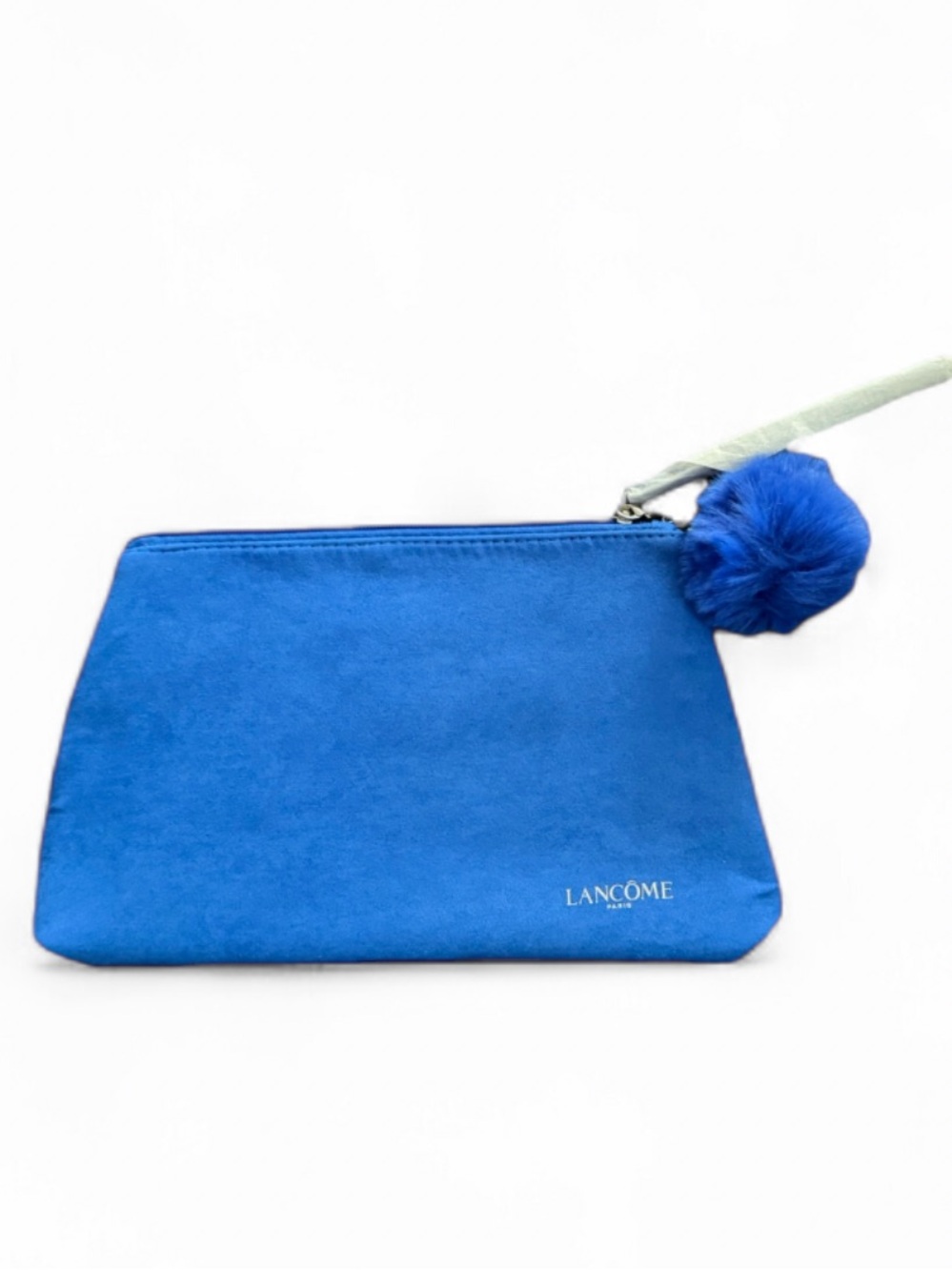 🛍️3/$15 Lancome Blue Faux Suede Cosmetic Bag Makeup Pouch Pom Pom Charm Luxe
